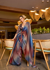 Vibrant Fendy Satin Saree in Blue, Red & Peach Ombre – Digital Print Elegance